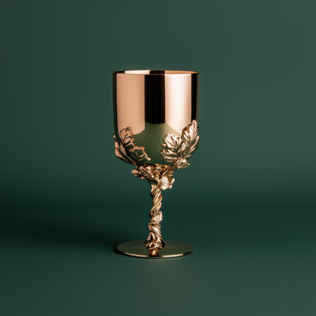 Ornate golden chalice with oak leaf details on green.の素材