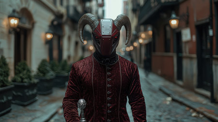 Mysterious figure with horned helmet stands on cobblestone street.の素材
