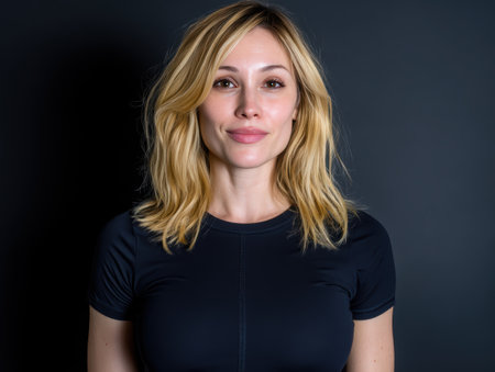 Confident woman with blonde hair wearing a black shirt.の素材
