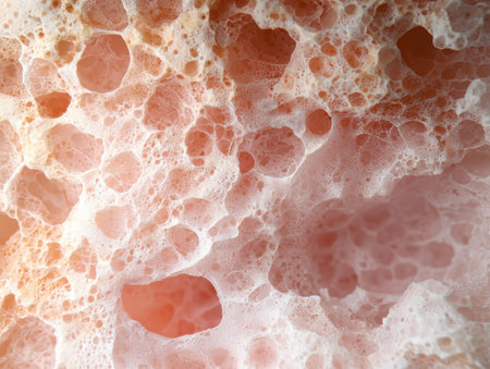 Porous pink mineral rock with bubbly texture.の素材