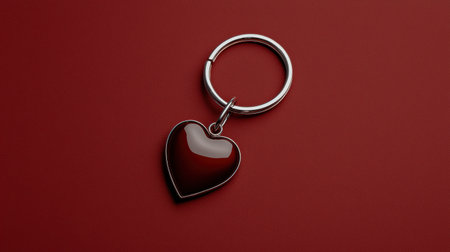 Elegant heart-shaped keychain on a textured red surface.の素材