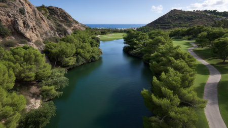 Scenic golf course waterway between mountains and lush trees.の素材