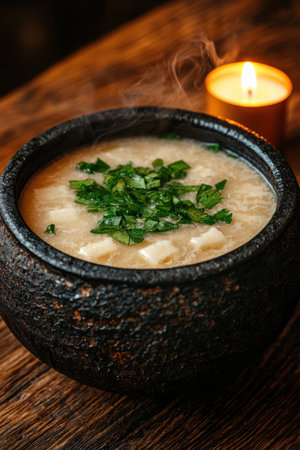 Rustic bowl of steaming soup with fresh herbs.の素材