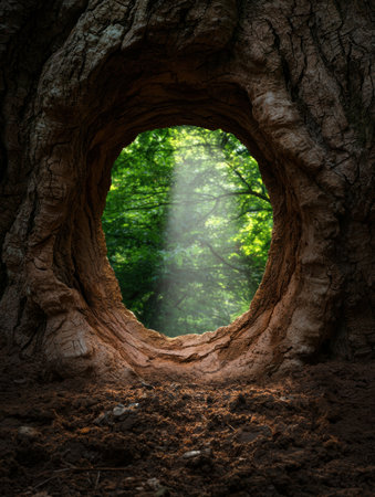Sunlight streams through a hollow tree trunk into forest.の素材