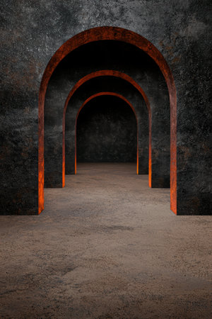 Abstract arches create a dark, mysterious perspective.の素材