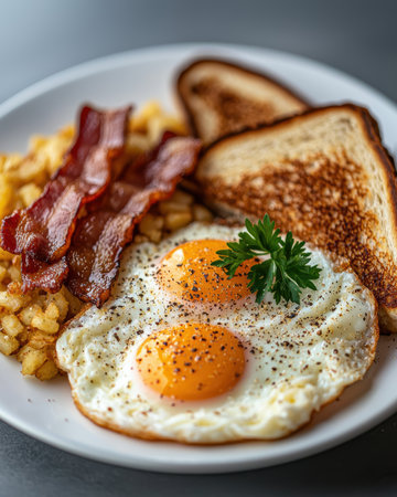 Delicious breakfast plate with eggs, bacon, and toast.の素材