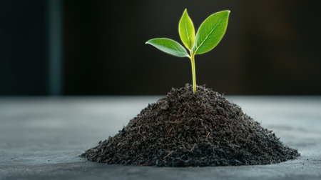 Vibrant green sprout growing from fertile soil, new life.の素材