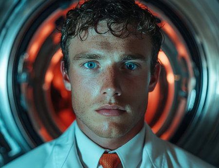 Intense portrait of a scientist with piercing blue eyes.の素材