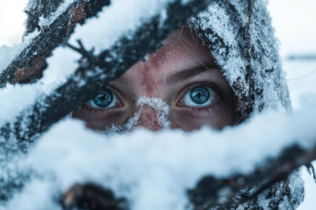 Intense blue eyes peering through snow-covered branches.の素材