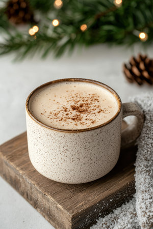 Cozy eggnog latte with cinnamon on a wooden board.の素材