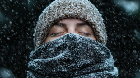 Woman bundled in winter clothing endures heavy snowfall.の素材