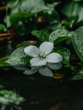 Delicate flower with raindrops floating serenely on water.の素材