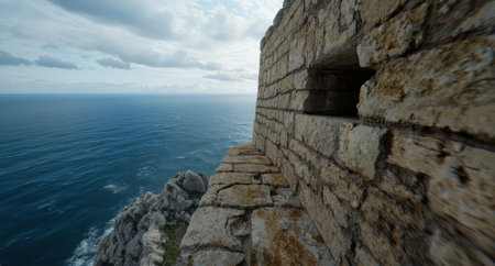 Stone fortress wall overlooks the vast, blue ocean.の素材