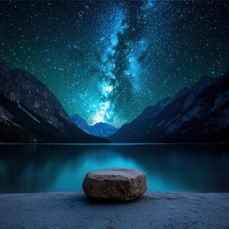 Milky Way illuminates a serene mountain lake at night.の素材