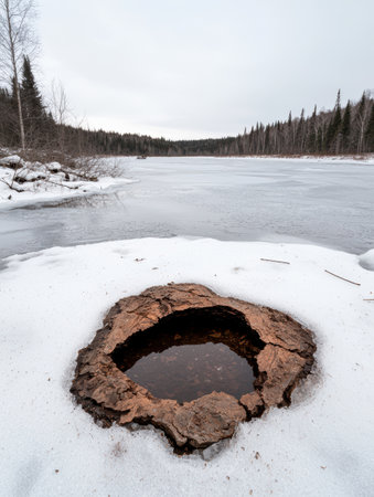 Icy lake landscape with a hole in the snow.の素材
