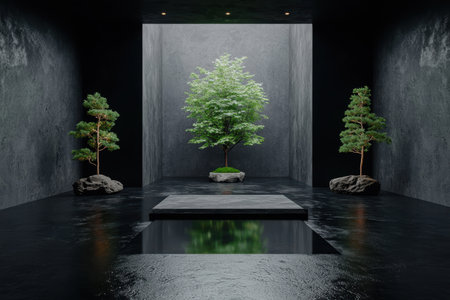 Minimalist zen garden featuring water and trees.の素材