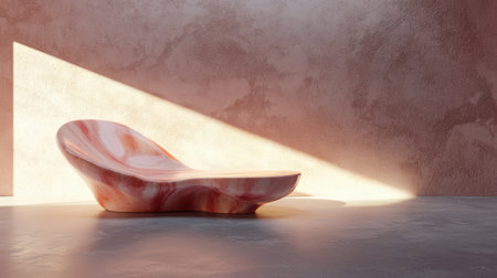 Modern pink marble lounge chair bathed in sunlight.の素材