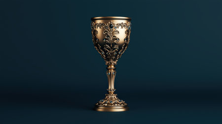 Ornate golden goblet with intricate details and blue gems.の素材