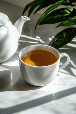 Steaming cup of tea with teapot and plant.の素材