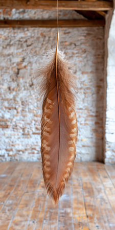 Single brown feather hangs delicately in rustic interior space.の素材