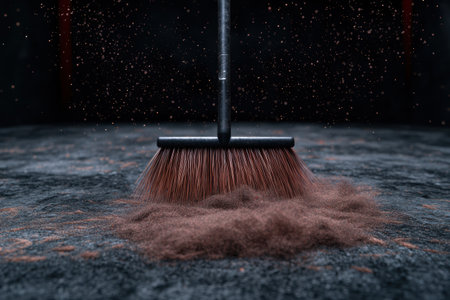 Broom sweeping up dust on dark textured surface.の素材