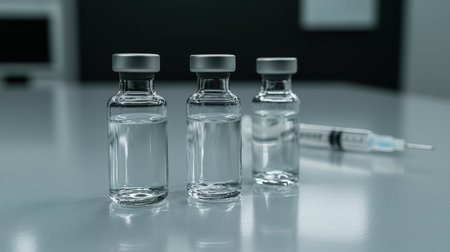 Vaccine vials and syringe on a sterile surface.の素材