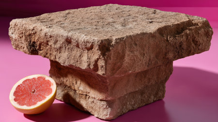 Grapefruit half sits beside a stacked stone display.の素材