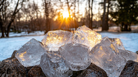 Frozen ice chunks sparkle in the winter sun.の素材