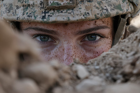 Intense gaze of a soldier peering from cover.の素材