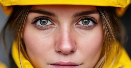 Focused woman wearing yellow hard hat gazes intently.の素材