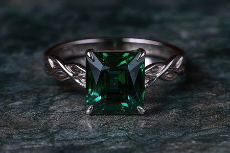 Elegant emerald ring with intricate silver band detail.の素材