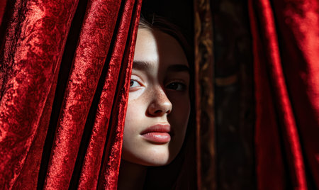 Intriguing portrait of a young woman behind red curtains.の素材