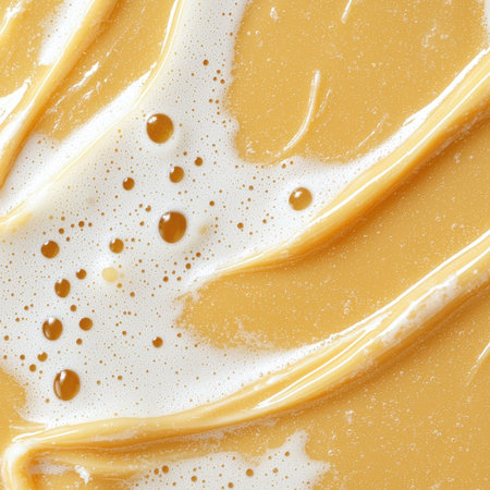 Golden liquid with bubbles and streaks of foam.の素材