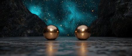 Two golden spheres rest against a cosmic background.の素材