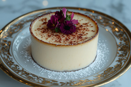 Elegant creme brulee dessert garnished with edible flowers.の素材