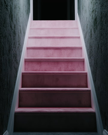 Eerie pink carpeted staircase leading into darkness.の素材
