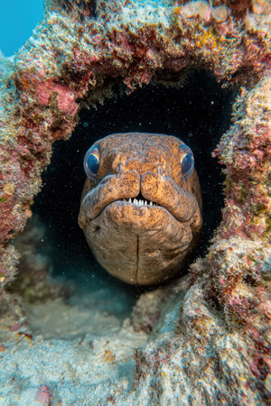 Menacing moray eel emerges from coral reef crevice.の素材