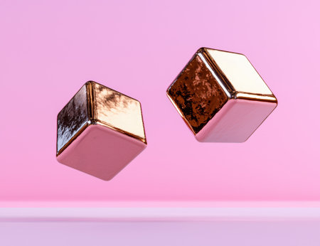 Two golden cubes floating in a pink space.の素材