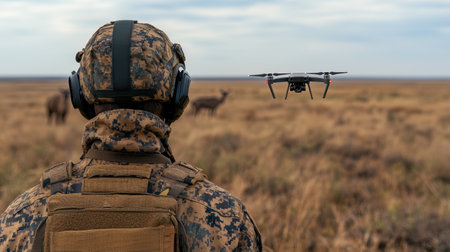 Camo clad man watching drone over grassy field.の素材
