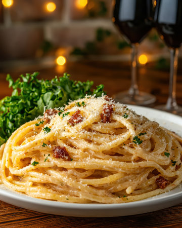 Delicious spaghetti carbonara with parmesan cheese and red wine.の素材