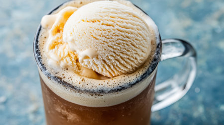 Frothy root beer float with vanilla ice cream.の素材