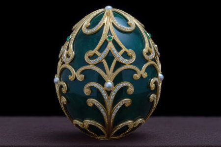 Ornate jeweled Faberge egg with gold filigree.の素材