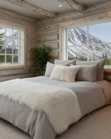 Cozy log cabin bedroom with mountain view.の素材