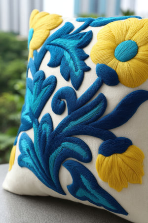 Elegant embroidered pillow with blue and yellow floral design.の素材