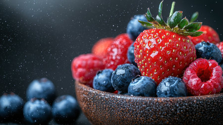 Fresh summer berries: strawberries, blueberries, and raspberries.の素材