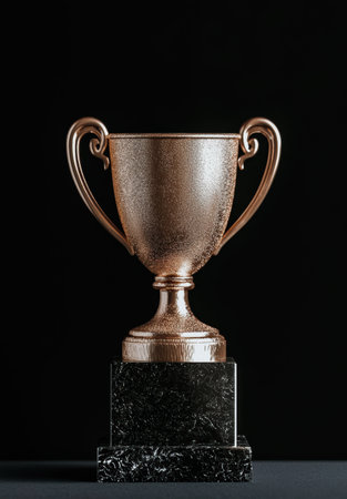 Elegant bronze trophy on a dark, textured pedestal.の素材