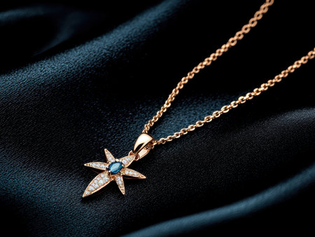 Elegant rose gold necklace with blue gemstone pendant.の素材