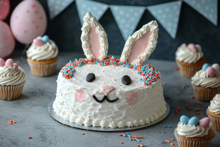 Festive Easter bunny cake with cupcakes and decorations.の素材