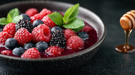 Delicious mixed berries with honey, a healthy dessert.の素材