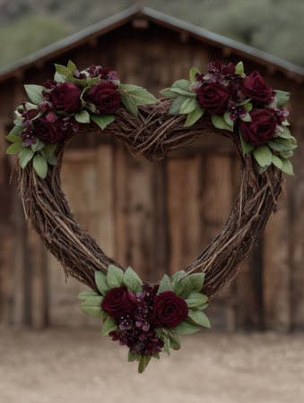 Rustic heart-shaped grapevine wreath adorned with deep red roses.の素材